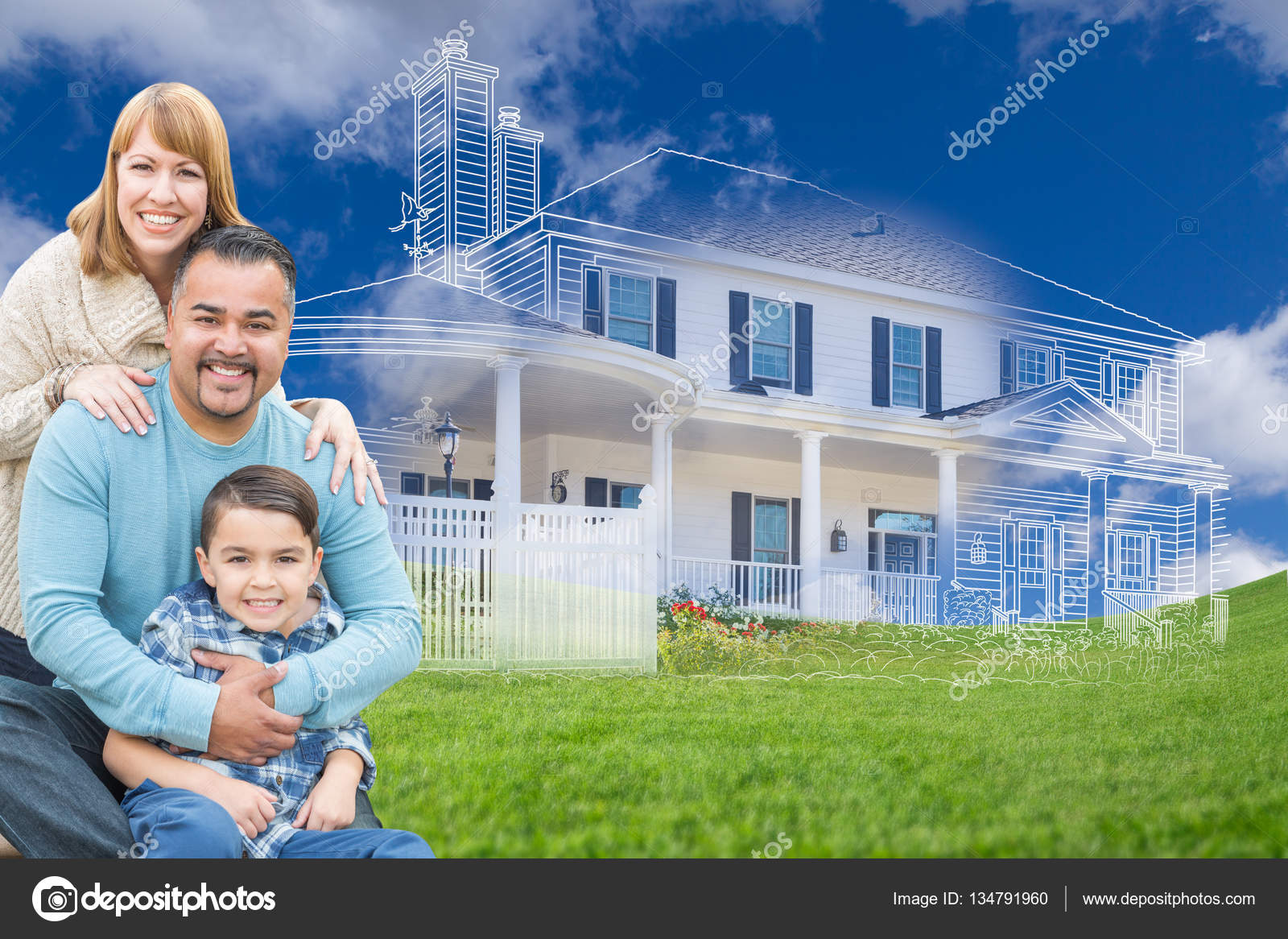 Genç yarış aile karışık ve ev çizim çimenlerin üzerinde Flu Stok