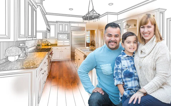 Young Mixed Race Family Over Kitchen Drawing with Photo Combinat — Stock Photo, Image