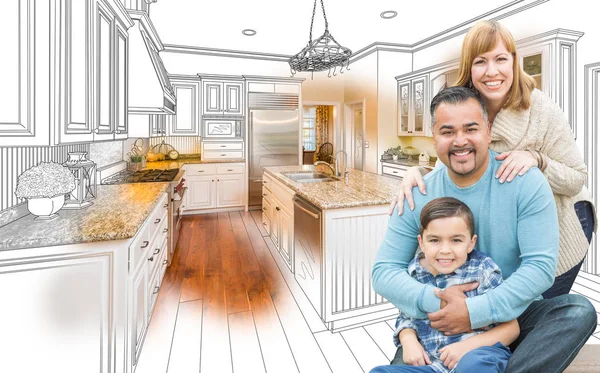 Familia de raza mixta joven sobre dibujo de cocina con combinación de fotos —  Fotos de Stock
