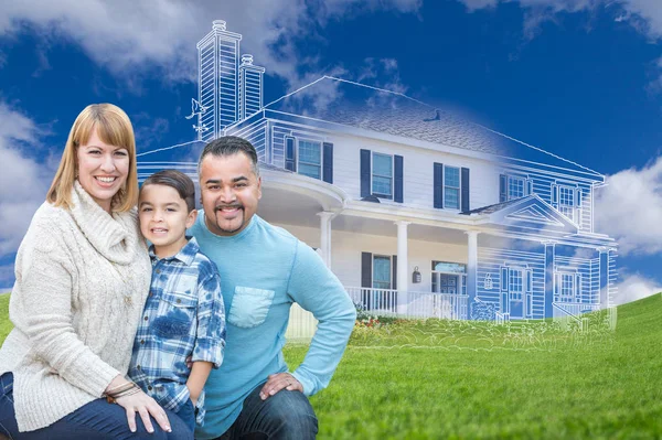 Young Mixed Race Family and Ghosted House Drawing on Grass — Stock Photo, Image