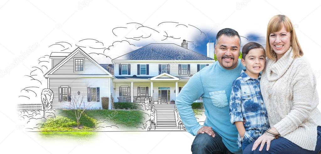 Young Mixed Race Family and Ghosted House Drawing