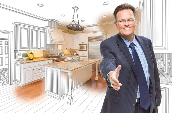 Mężczyzna Agent sięgnąć dłoń potrząsać w rysunku kuchni i zdjęcia — Zdjęcie stockowe