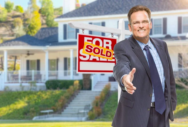 Male Agent Reaching for Hand Shake in Front of House and Sold Re — Stock Photo, Image