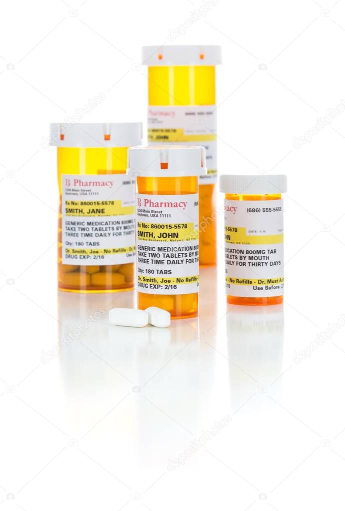 Non-Proprietary Medicine Prescription Bottles and Pills Isolated on White