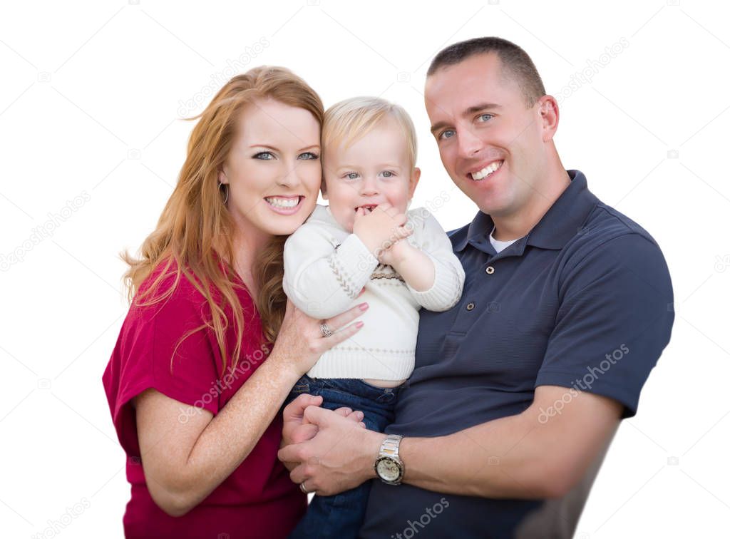 Young Military Parents and Child On White