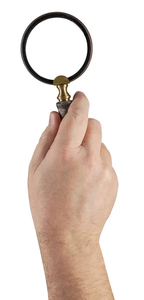 Mannelijke Hand met Magifying glas geïsoleerd op wit — Stockfoto