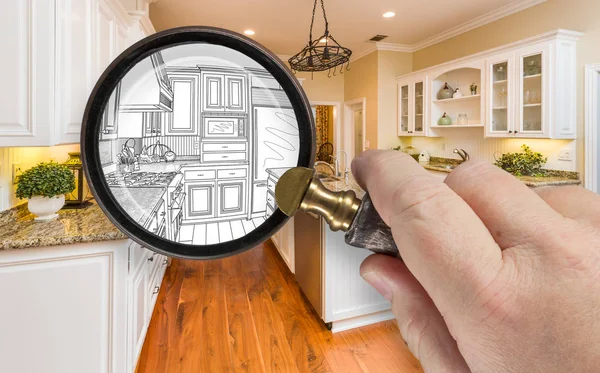 Hand Holding Magnifying Glass Revealing Custom Kitchen Design Drawing and Photo Combination — Stok Foto