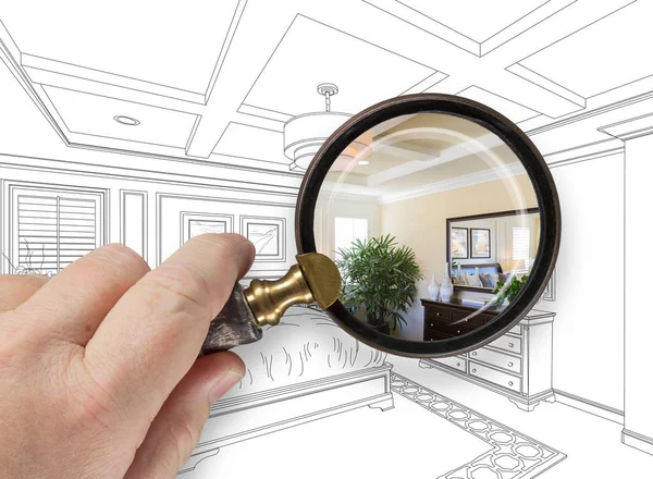 Hand Holding Magnifying Glass Revealing Custom Bedroom Design Drawing and Photo Combination — Stok Foto