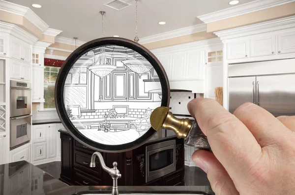 Hand Holding Magnifying Glass Revealing Custom Kitchen Design Drawing and Photo Combination — Stok Foto