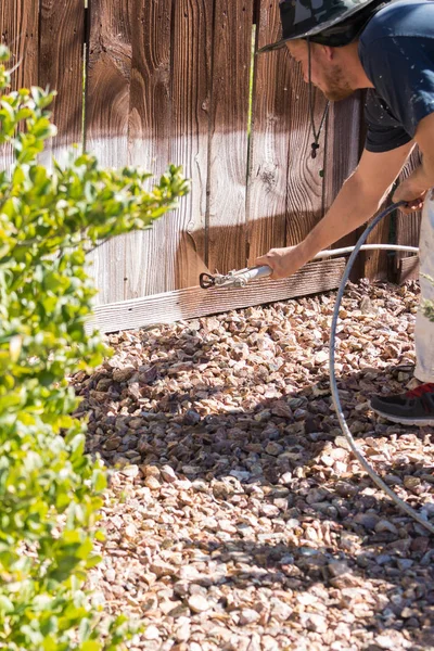 Pintor profesional rociando valla de patio con mancha —  Fotos de Stock