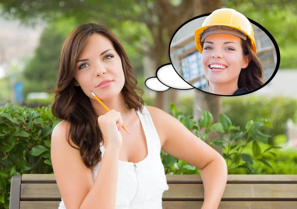 Thoughtful Young Woman with Herself as a Contractor or Builder Inside Thought Bubble. — Stock Photo, Image