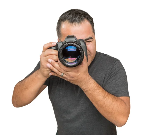 Bonito hispânico jovem masculino com câmera DSLR isolado em um Whit — Fotografia de Stock