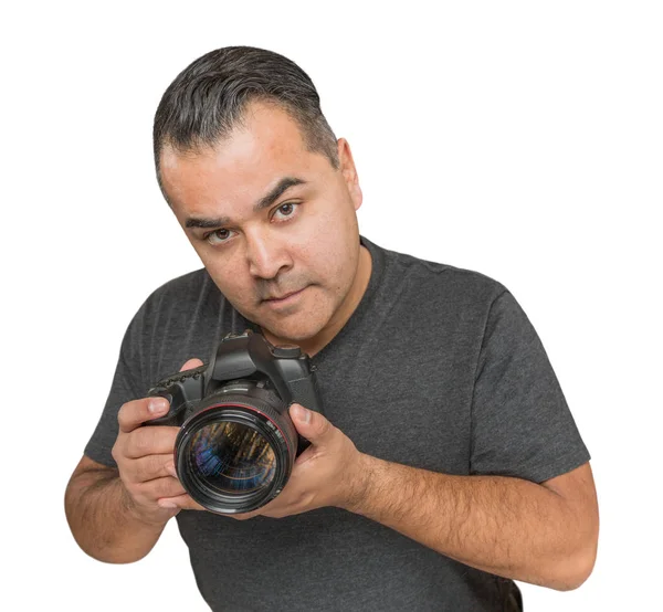 Knappe Hispanic jonge man met Dslr Camera geïsoleerd op een Whit — Stockfoto