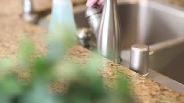 Pan kadının ellerini yıkama bir paslanmaz çelik evye — Stok video