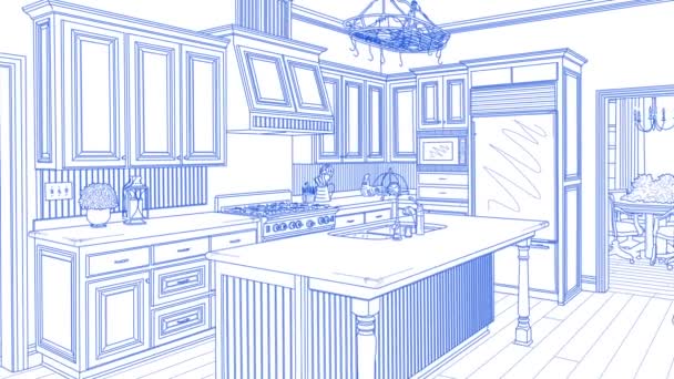 Overgang van mooi aangepaste keuken van tekening tot voltooiing. — Stockvideo