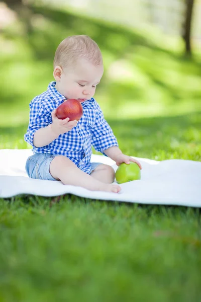Blandad ras spädbarn pojke sitter på filt jämföra äpplen t — Stockfoto