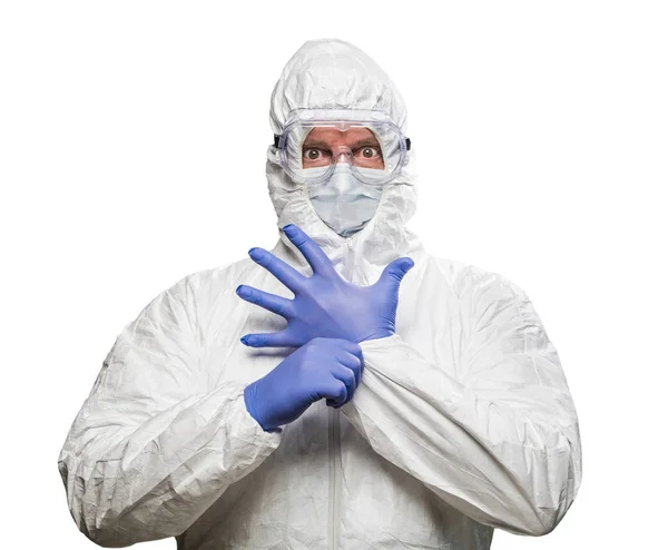 Hombre con expresión intensa que usa ropa protectora HAZMAT I —  Fotos de Stock