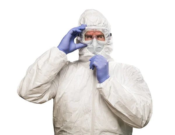 Hombre con expresión intensa que usa ropa protectora HAZMAT I —  Fotos de Stock