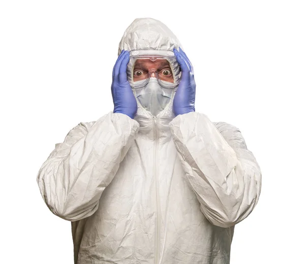 Homem segurando cabeça com as mãos vestindo roupas de proteção HAZMAT I — Fotografia de Stock