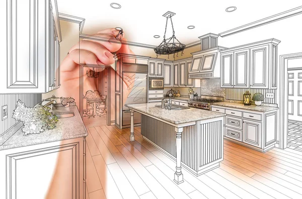 Hand Drawing Custom Kitchen Design With Gradation Revealing Phot — Stock Photo, Image