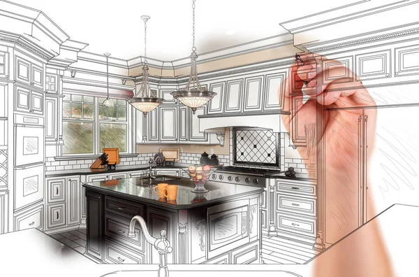 Χέρι κουζίνα συνήθειας σχεδίου σχεδιασμό με διαβάθμιση αποκαλύπτοντας Phot — Φωτογραφία Αρχείου