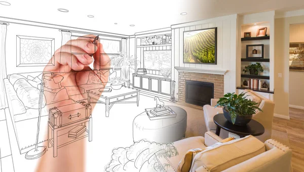 Ручной рисунок пользовательского дизайна гостиной с выходом на экран — стоковое фото