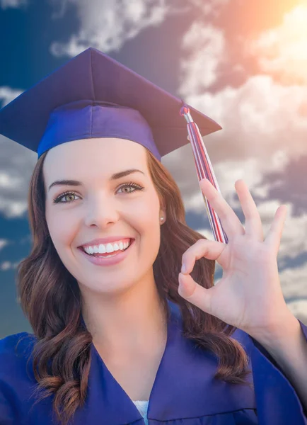 Happy Graduating Mixed Race Woman In Cap and Gown — Stock Photo, Image