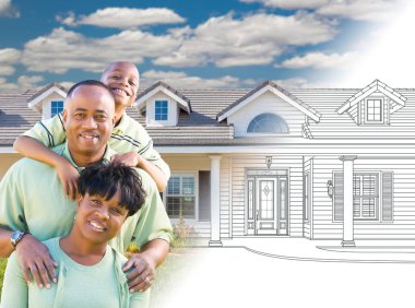 African American Family In Front of Drawing of New House Gradating Into Photograph. clipart