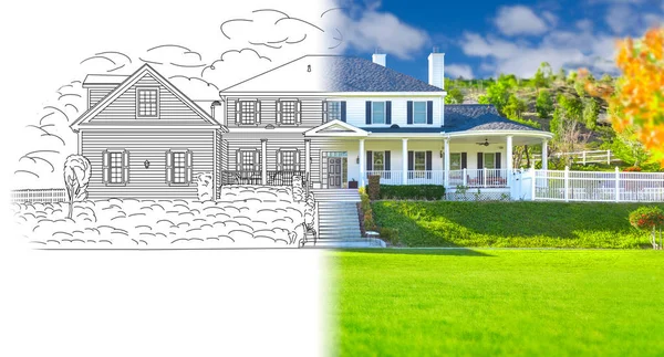 House Blueprint Drawing Gradating Into Completed Photograph. — Stock Photo, Image