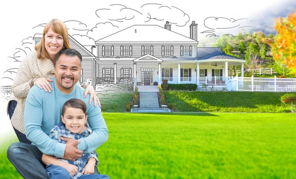 Mixed Race Hispanic and Caucasian Family In Front of Gradation of House Drawing and Photograph — Stock Photo, Image