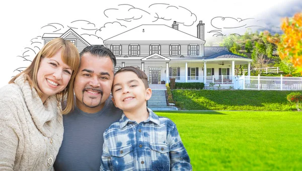 Blandad ras spansktalande och kaukasiska familjen framför gradering av hus teckning och fotografi — Stockfoto