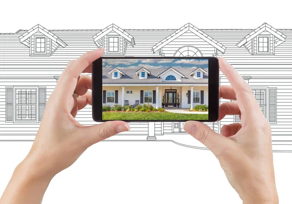 Hands Holding Smart Phone Displaying Home Photo of Drawing Behind — Stock Photo, Image