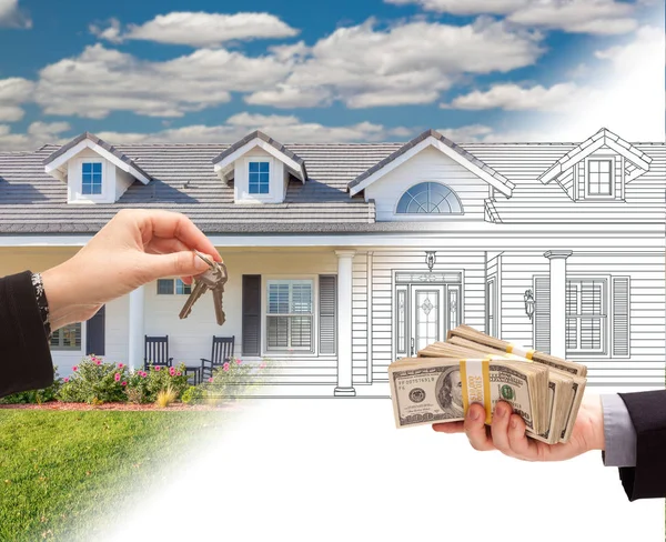 Handing Keys to Man with Stacks of Money In Front Of House Drawing Gradating to Photograph. — Stock Photo, Image