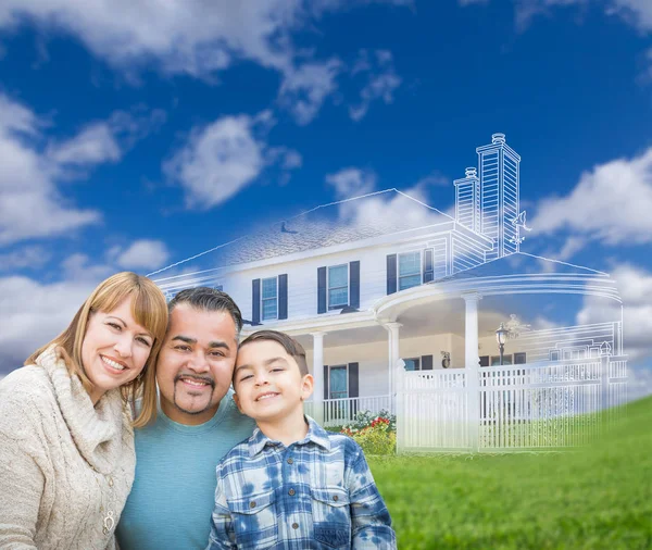 Mixed Race Hispanic and Caucasian Family In Front of Ghosted House Drawing on Grass — Stock Photo, Image