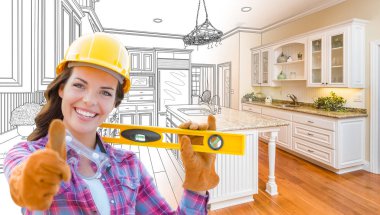 Female Construction Worker In Front of Custom Kitchen Drawing Gradating to Finished Kitchen Photo. clipart