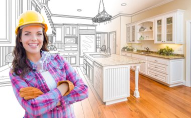 Female Construction Worker In Front of Custom Kitchen Drawing Gradating to Finished Kitchen Photo. clipart