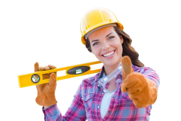 Female Construction Worker with Thumbs Up Holding Level Wearing — Stock Photo, Image