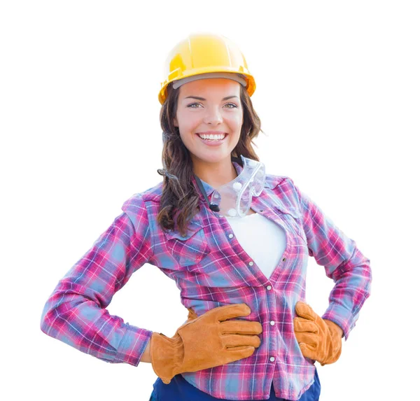 Εργαζόμενος νέους ελκυστικές γυναίκες κατασκευή φορώντας γάντια, κράνος και τα προστατευτικά γυαλιά που απομονώνονται σε λευκό. — Φωτογραφία Αρχείου