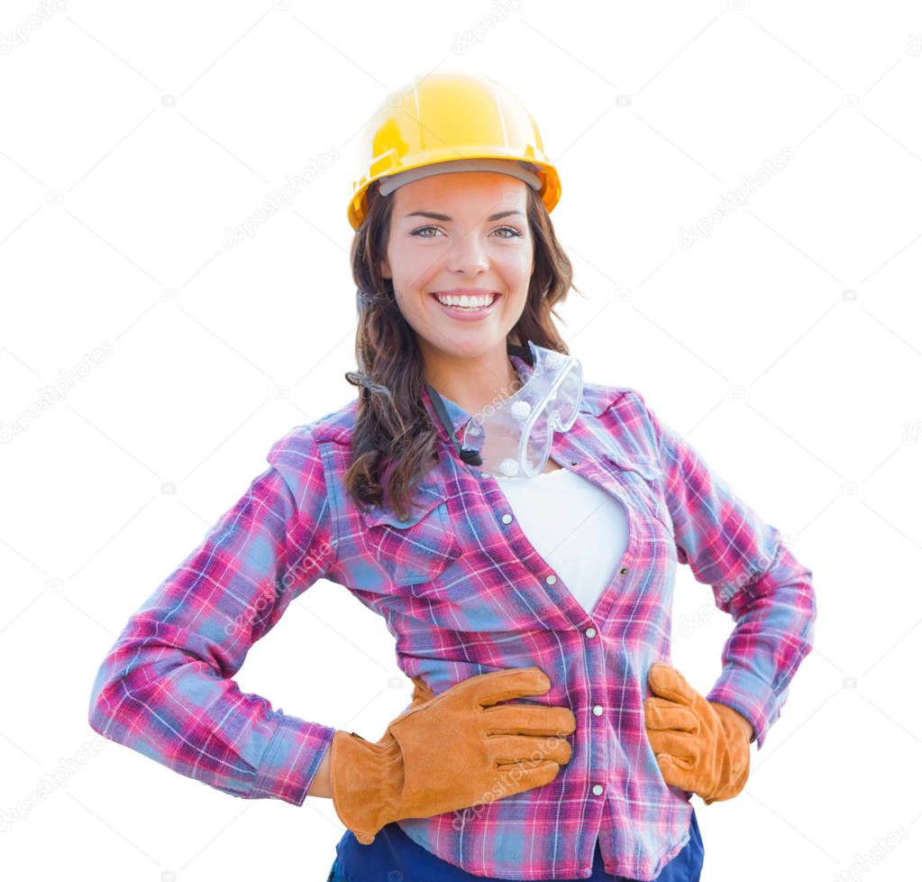 Young Attractive Female Construction Worker Wearing Gloves, Hard Hat and Protective Goggles Isolated on White.