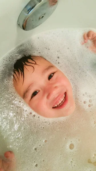 Happy Cute Young Chinese and Caucasian Boy Having Fun at Bath Time — Stock Photo, Image