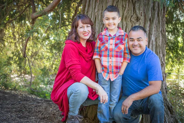 Raça mista caucasiana e família hispânica no parque . — Fotografia de Stock