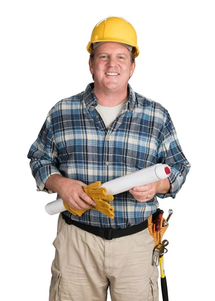 白に隔離されたハード帽子を身に着けている家の計画を持つ男性請負業者 — ストック写真