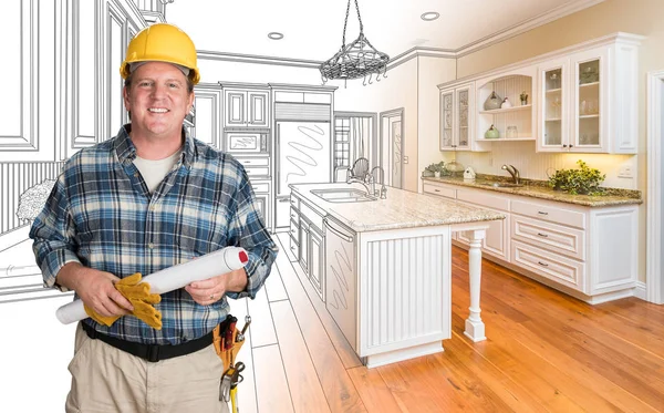 Male Contractor With House Plans Wearing Hard Hat In Front of Custom Kitchen Drawing Photo Combination — Stock Photo, Image
