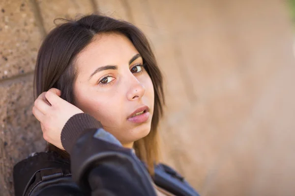 Beautiful Meloncholy Mixed Race Young Woman Portrait Outside. — Stock Photo, Image