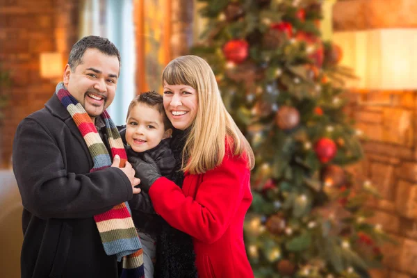 年轻混合种族家庭肖像在圣诞树前印 — 图库照片