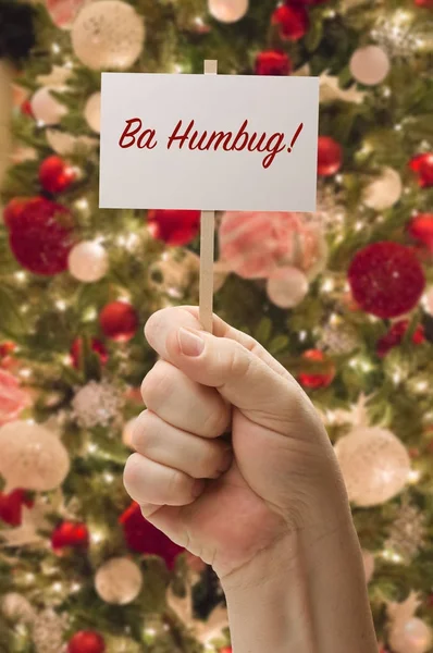 Hand met Ba Humbug Card voor versierde kerstboom — Stockfoto