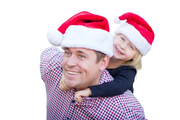 Père et fille heureux portant des chapeaux de Père Noël isolés sur fond blanc . — Photo