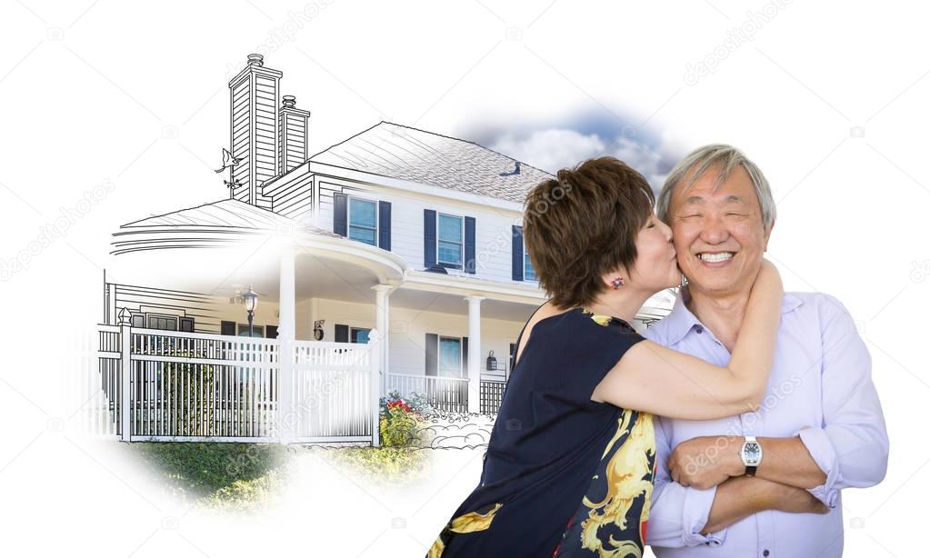 Happy Chinese Senior Couple Kissing In Front of House Drawing on White.