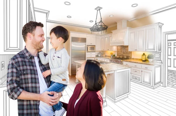 Young Mixed Race Caucasian and Chinese Family In Front of Custom Kitchen Drawing and Photo Combination. — Stock Photo, Image