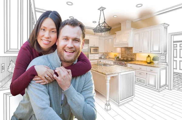 Pareja de raza mixta caucásica y china frente a la combinación de dibujo y foto de cocina personalizada . —  Fotos de Stock